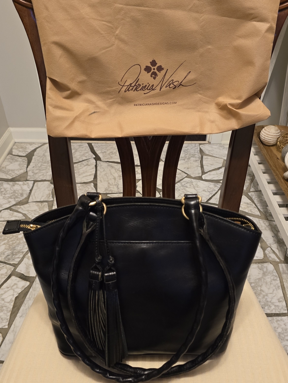 Patricia Nash Black Leather Shoulder Tote with Tassel Accents